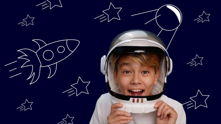 Smiling child in an astronaut helmet with a space-themed background.